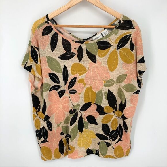 Rachel Zoe Linen Tee Womens XL Tropical Floral Island Leaf Hawaiian Button Back - Picture 1 of 8